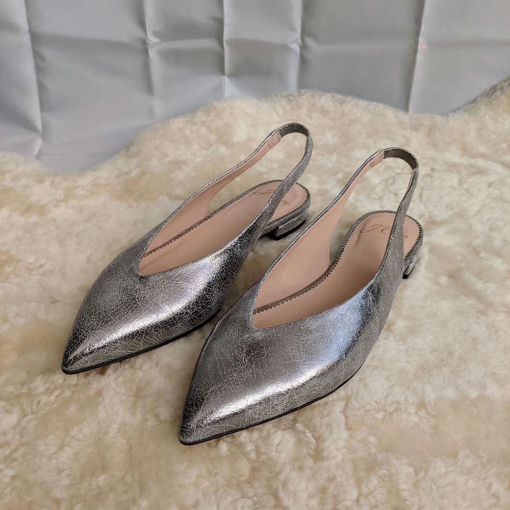 J. Crew Pointed Toe Slingback Flats Silver Size 6